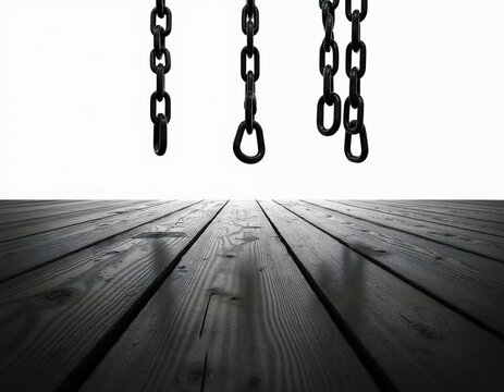 Three black metal chains hang above a dark wood floor. The composition creates a stark, minimalist, and slightly mysterious atmosphere. Its clean lines and contrast make it versatile.