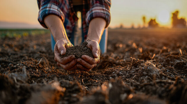 Farmer holding fertile soil in hands while kneeling on a plowed field during a golden hour sunset, symbolizing sustainable agriculture and earth care