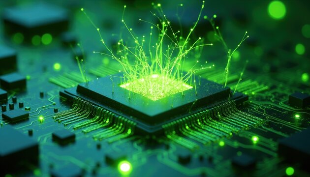 Central processor unit with growing green organic structures. Microscopic view of futuristic tech system with neural connections and data flow. Innovation in bio-integrated computing.