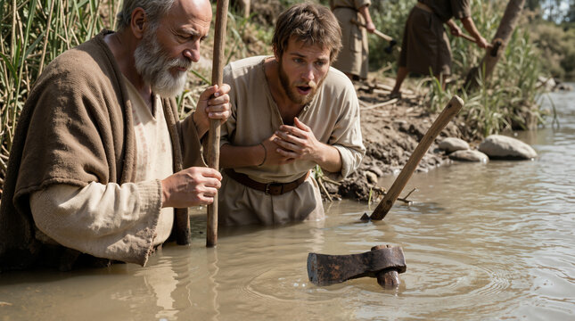 The biblical prophet Elisha and a young man looking at a floating iron axe head in a muddy river. Ancient historical religious scene depicting the Old Testament miracle of divine intervention