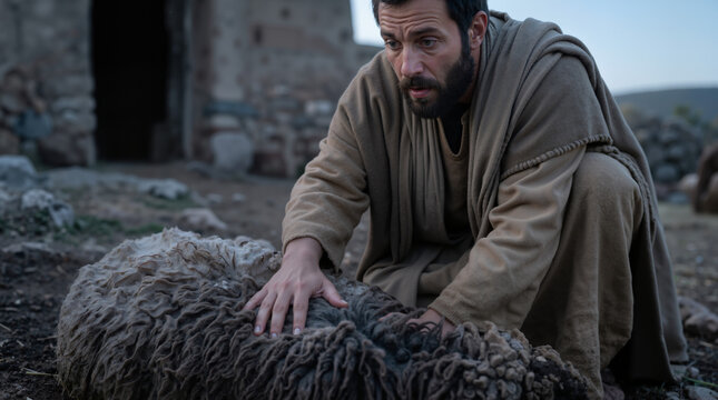 Bearded man in ancient robes kneeling and touching a fleece on the ground. Biblical character Gideon testing the sheepskin for dew. Religious concept of seeking a sign and faith