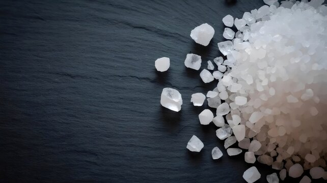 Coarse salt grains on black stone &ndash; Suitable for food seasoning ads, health and wellness content, or minimalist backgrounds.