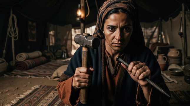 Portrait of the biblical figure Jael holding a heavy mallet and metal tent peg. Ancient historical reenactment of a woman inside a rustic dimly lit tent