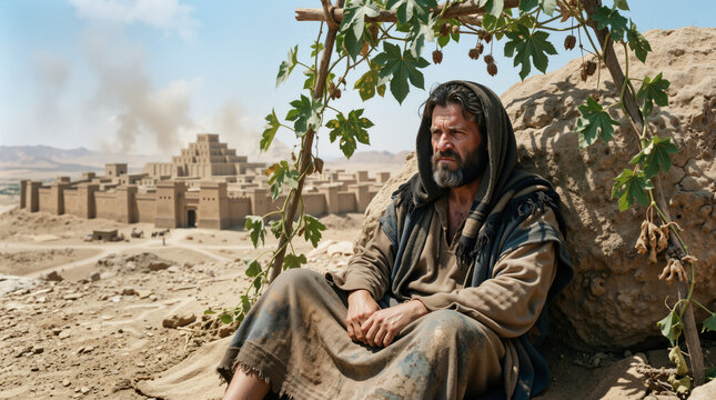 Biblical prophet Jonah sitting under a vine outside the ancient city of Nineveh. Middle Eastern man in traditional robes waiting in the desert. Old Testament religious history concept