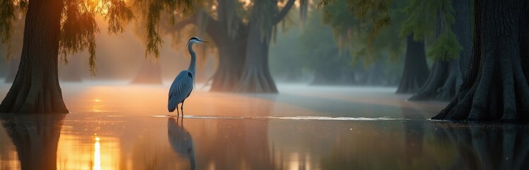 Obraz premium Great blue heron stands in shallow swamp water at sunrise. Cypress trees rise from misty wetland. Sun rays reflect on calm water surface creating peaceful atmosphere.
