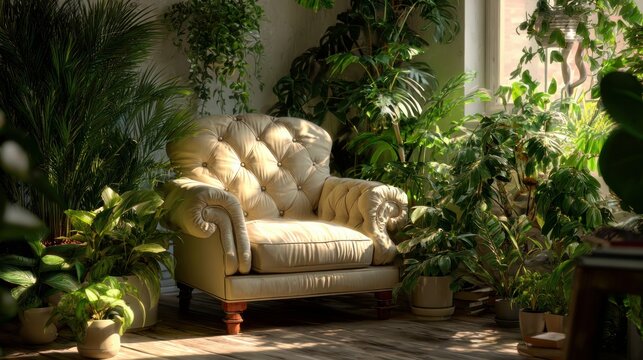 Cozy chair and green plants fill the nicely decorated room.
