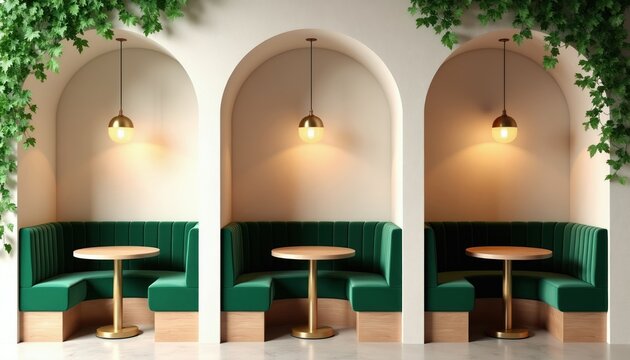 Three modern cafe booths feature deep green velvet seats and wood tables. Arched alcoves with pendant lights and hanging plants create a serene dining space.
