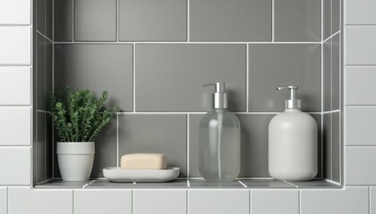 Fototapeta premium Niche bathroom shelf with soap dispenser plant and soap bar. Modern gray tile wall with white grout. Clean tidy decor provides storage space.