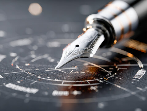 Elegant fountain pen nib resting on a detailed astrological star chart with zodiac signs and celestial design elements in soft focus lighting