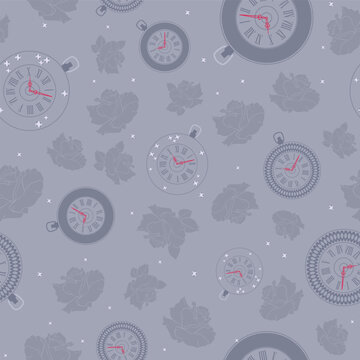 Gothic Victorian Clock and Rose Seamless Pattern with Pocket Watches on Gray Background