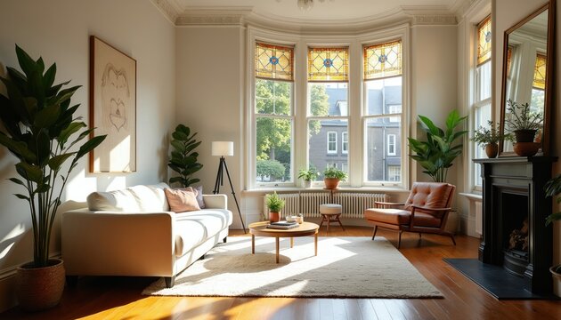Bright living room with bay windows featuring stained glass. Comfortable sofa, armchair near fireplace, coffee table. Modern decor blends with vintage architectural elements. Rich plants add life.
