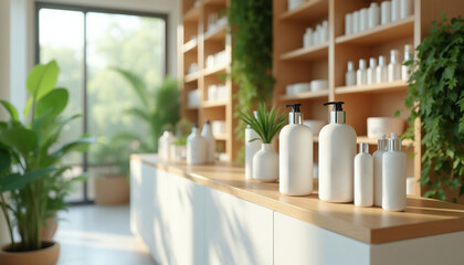 Fototapeta premium Clean white bottles with pumps sit on a wooden counter. Shelves display more containers. Green plants add freshness and natural vibe to store.