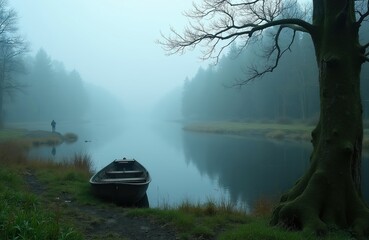 Naklejka premium Misty lake landscape with lone fisherman casting line near moored boat. Dense forest borders calm water reflecting gray sky. Mossy tree stands watch.