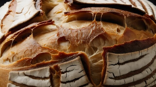 Macro sourdough bread crust with flour &ndash; Great for artisanal bakery branding, culinary education, or rustic food photography.