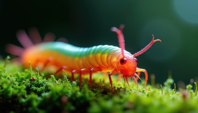 Vibrant centipede with orange head and green body crawls on lush moss. This arthropod has many legs and two antennae. Macro shot shows detailed insect life.