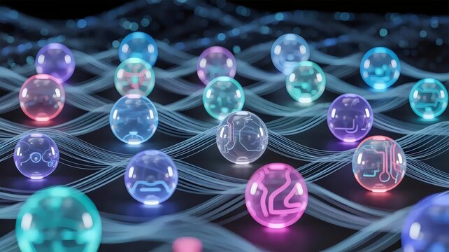 Multi agent system with geometric spheres &ndash; Great for artificial intelligence concepts, distributed computing, or data science visuals.