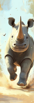 Cheerful rhino running through colorful savanna landscape