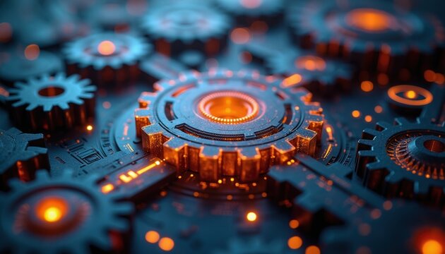Complex interconnected gears with glowing orange circuits and blue digital background. Mechanical system with data streams suggesting automation and tech progress.