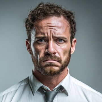 Worried man with beard and disheveled hair wearing white shirt and gray tie expressing emotional distress with furrowed brows and concerned eyes against neutral back