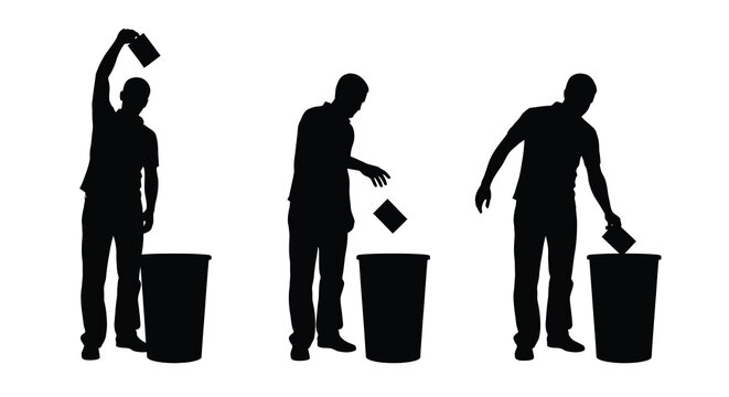 Man throwing trash into bin sequence black silhouette