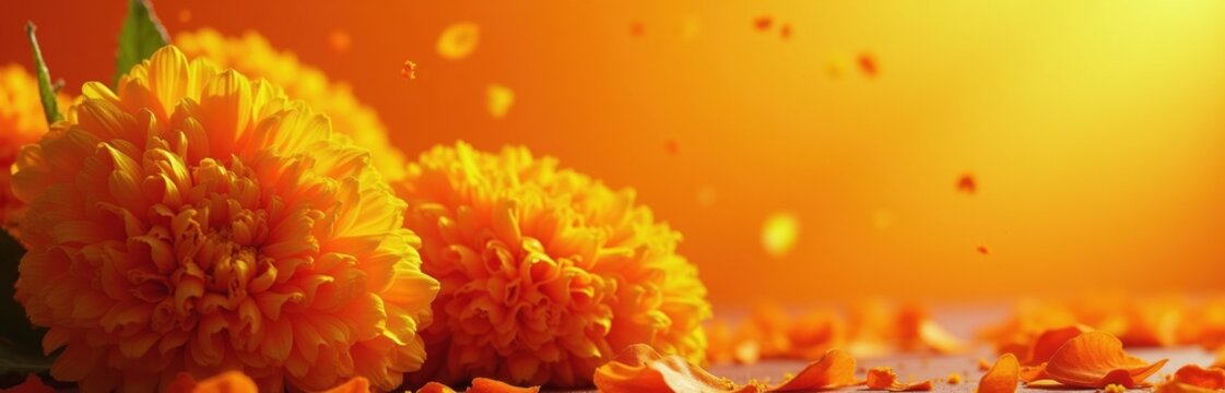Bright orange marigold flowers bloom against a warm gradient background with falling petals. Space for text overlay or design elements perfect for festive invitations.
