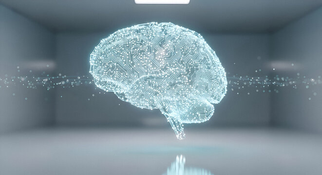 Futuristic 3D digital brain with glowing neural network and data particles representing artificial intelligence and machine learning technology