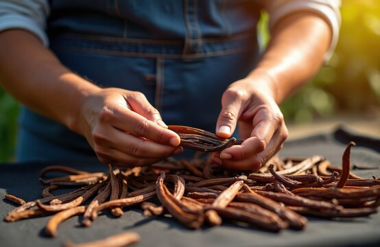 Farmer sorts dried vanilla pods in sunlight. Dark brown beans pile on cloth. Fresh aroma spice processing for cooking desserts and perfumes. High quality natural product.