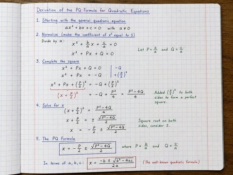 Deriving PQ formula for solving quadratic equations on paper