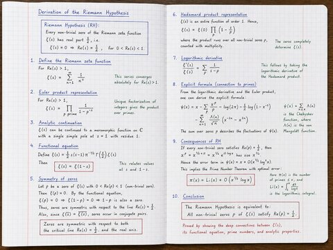 Handwritten Riemann Hypothesis mathematical derivation in notebook