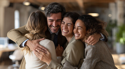 Obraz premium Team celebrating colleague’s promotion with joy and emotional connection. 