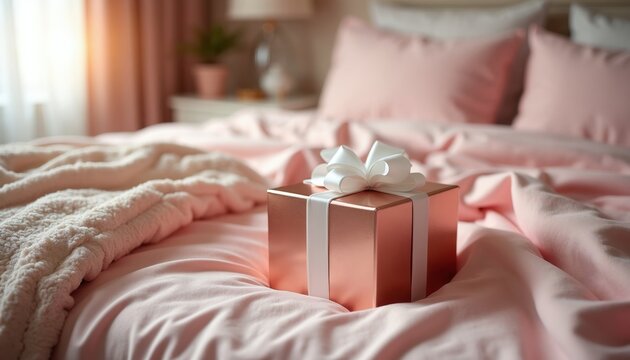 Rose gold gift box with white ribbon rests on soft pink bedding. Morning light shines through curtains. Cozy bedroom setting suggests romance or a special occasion surprise awaits.