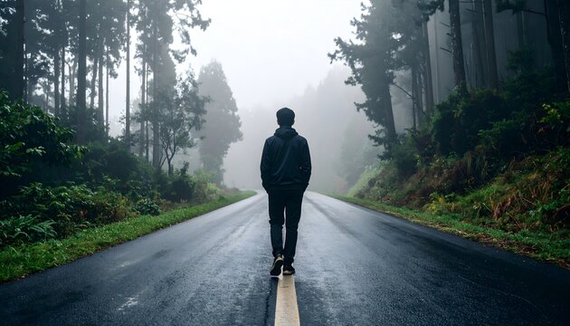 Misty Road Walker in Silent Forest Atmosphere