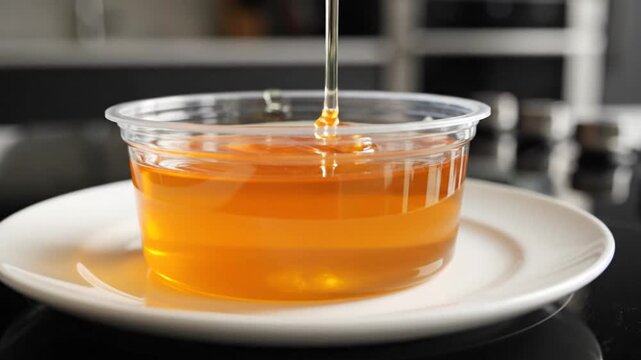 Pouring golden honey into a transparent cup, showcasing its viscous texture and amber color
