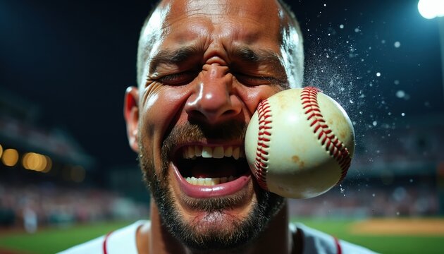 Baseball player face hit by ball during game. Athlete grimaces in pain with eyes shut. Water splashes from impact. Audience watches in stadium.