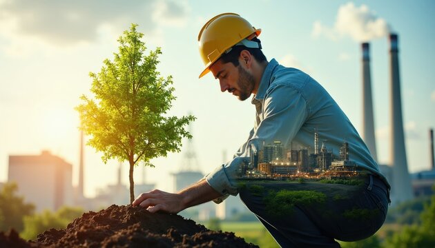 Worker in hard hat plants sapling. Double exposure shows city industry and smokestacks behind green landscape. Symbolizes shift to eco-friendly power and future development.