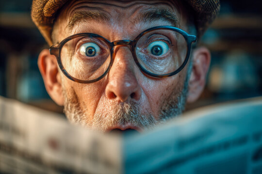 Surprised elderly man wearing glasses and a flat cap reading a newspaper with wide eyes and an expression of amazement in a dimly lit room