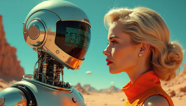 Woman in retro outfit meets robot in desert landscape under clear sky. Futuristic android with screen face interacts with human. Space exploration theme with vintage sci fi art style.