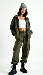 Naklejka premium Young Asian woman wears fashionable olive cargo pants and white crop top. She poses in studio wearing grey beanie and bomber jacket. Style is urban hip hop.