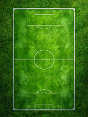 Naklejka premium Aerial view of a vibrant green soccer field with clear white markings on lush grass under sunlight for sports and outdoor activities concept