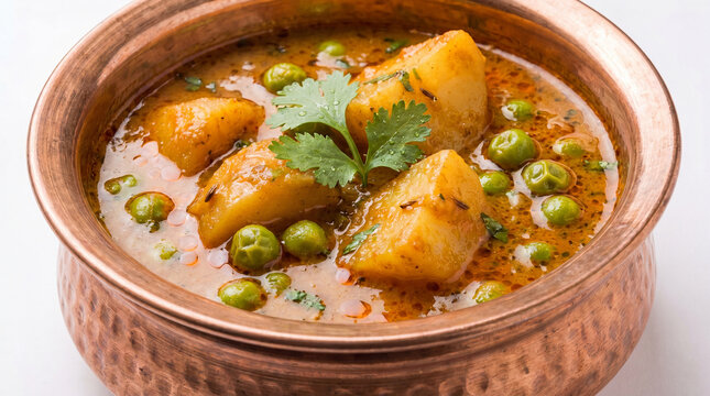 Aloo matar curry in a copper bowl with fresh cilantro on top, a popular indian dish made with potatoes and peas