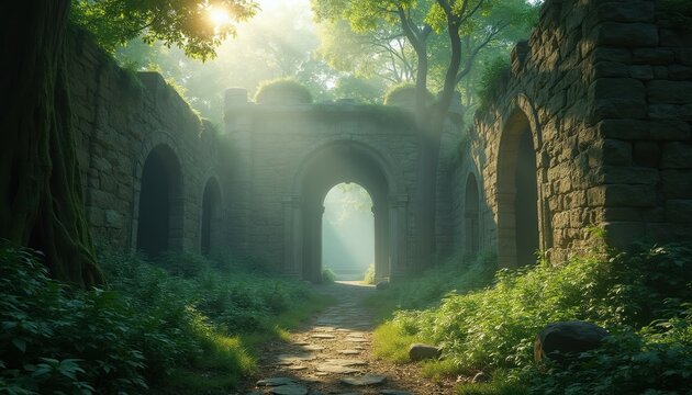 Sunlight streams through ancient stone ruins covered in green moss and plants. A cobblestone path leads through arched gateways into a misty forest creating a mystical atmosphere for adventure.