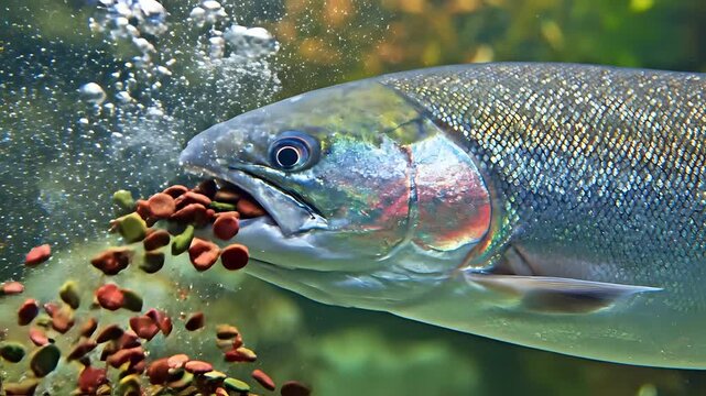 Closeup of a rainbow trout actively feeding on fish food pellets underwater.