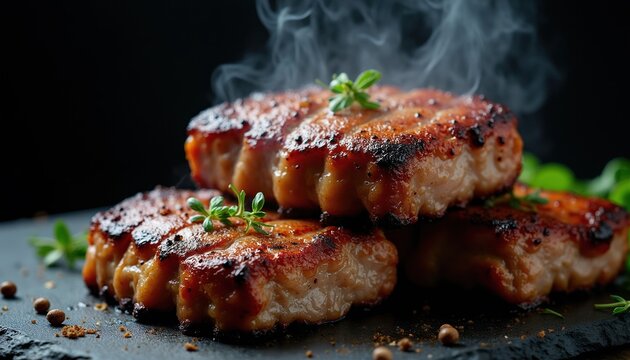 Juicy grilled pork chops steam rises from hot meat dish. Savory bbq pork steaks with herbs, spices ready for meal. Delicious cooked food served on slate.