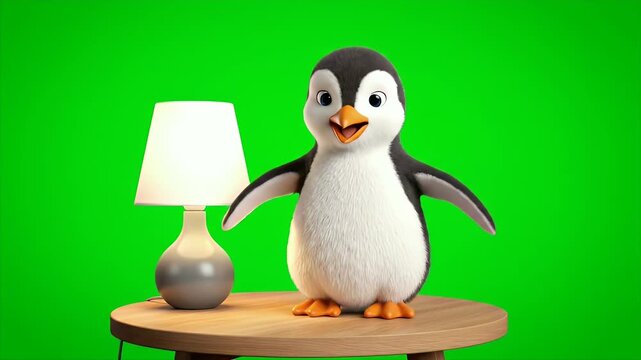 Charming Cartoon Penguin Character Standing Beside a Glowing Lamp on a Wooden Table with a Vibrant Green Screen Background Ready