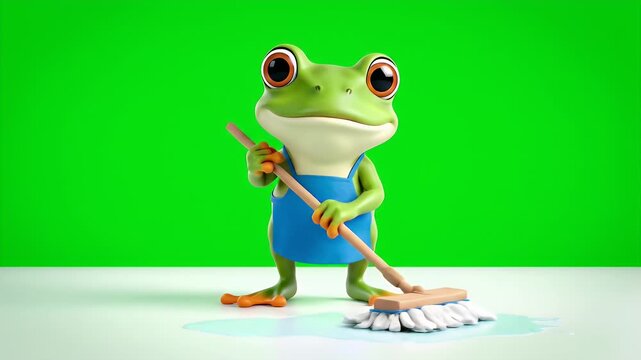 A Cheerful Cartoon Frog Character Wearing Blue Overalls Holds a Broom and Cleans a Wet Surface with a Determined Expression