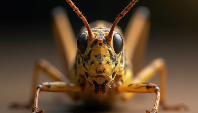 Extreme close up on yellow and black striped grasshopper head with large eyes and long antennae. Macro shot of insect macro photography subject, shows detail.