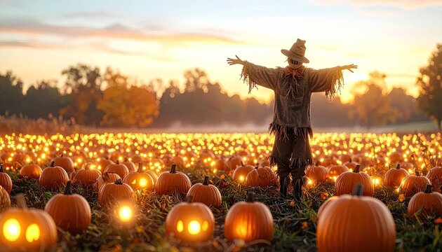 Autumn pumpkin patch scene with scarecrow at sunset landscape