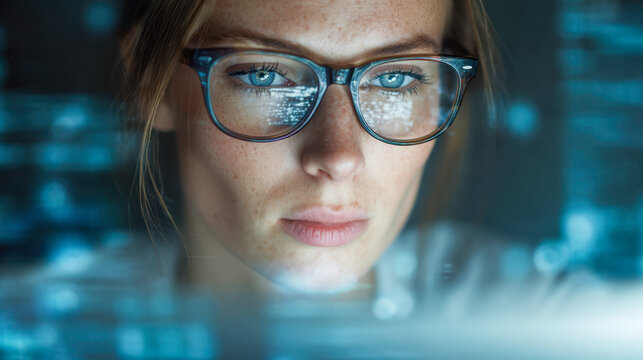 Woman with blue eyes wearing glasses intensely analyzing data on a digital screen in a dimly lit room with reflections of code on her lenses