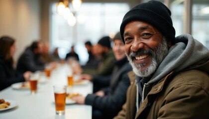 Obraz premium Smiling man with grey beard sits at table in warm shelter with others. He wears winter clothes, beanie hat. People share meal, drinks, and support.