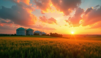 Fototapeta premium Sunset over biogas plant and farm fields. Industrial domes stand near growing crops under a golden sky. Rural landscape shows renewable energy production at dusk.